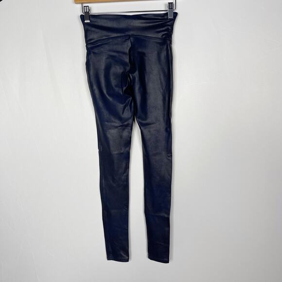 Spanx Womens Small S Midnight Blue Faux Leather Leggings Nylon Dress Up Metallic - Picture 2 of 13